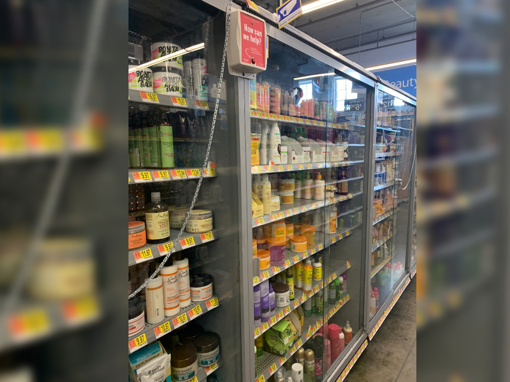 A Twitter user shared a photo of locked-up hair care products at a U.S. Walmart.