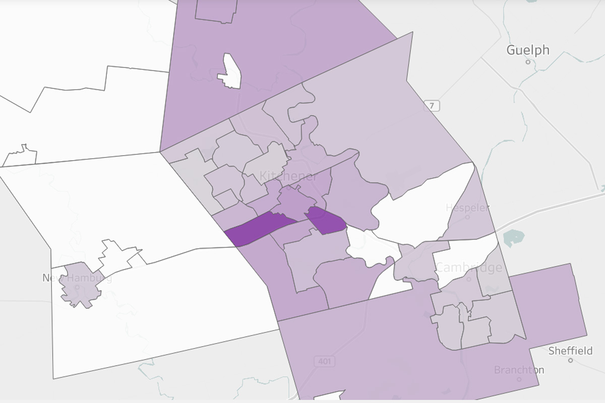 The darker the shade of purple,  the more coronavirus cases there have been.