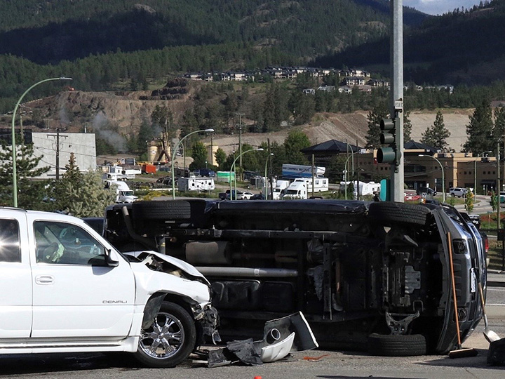 A two-vehicle accident resulting in a rollover happened at the intersection of Highway 97 and Westlake Road and Hudson Road just after 8 a.m., in West Kelowna on Tuesday morning.