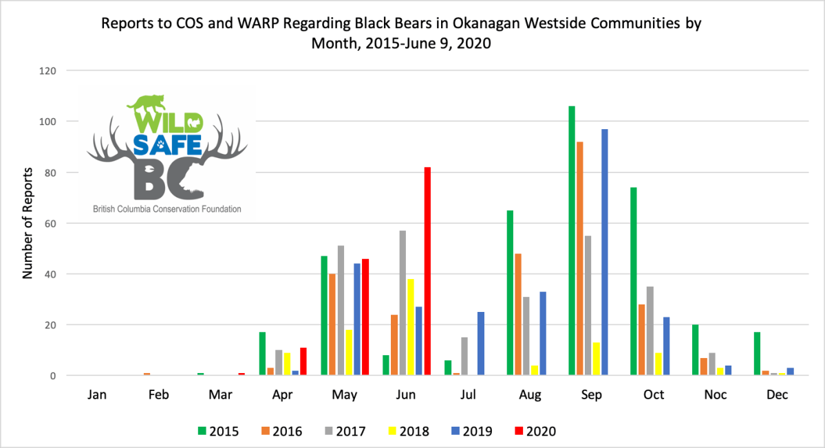 A graph showing bear sightings from 2015 to 2020 on the west side of Okanagan Lake.