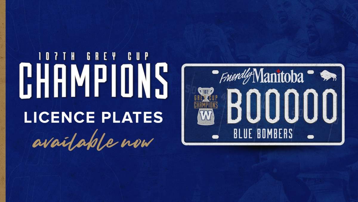 Winnipeg Blue Bomber licence plates celebrating the team's 2019 Grey Cup win are on sale starting Monday.