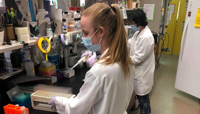 Haley Zubyk, left, and Kalinka Koteva at work in the Wright lab at McMaster. 