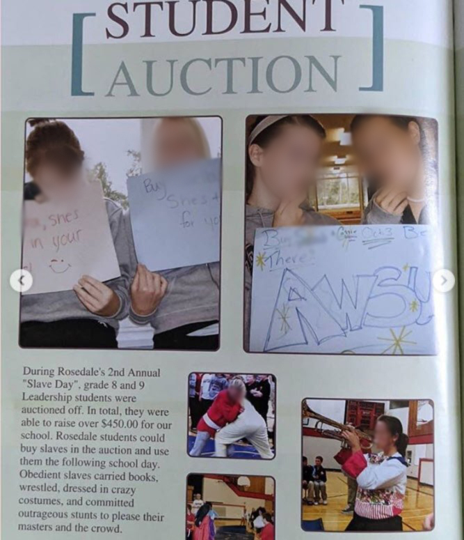  A photo of a page in a yearbook from Rosedale Middle School in Chilliwack, B.C., about the "student auction" or "slave day" event.
