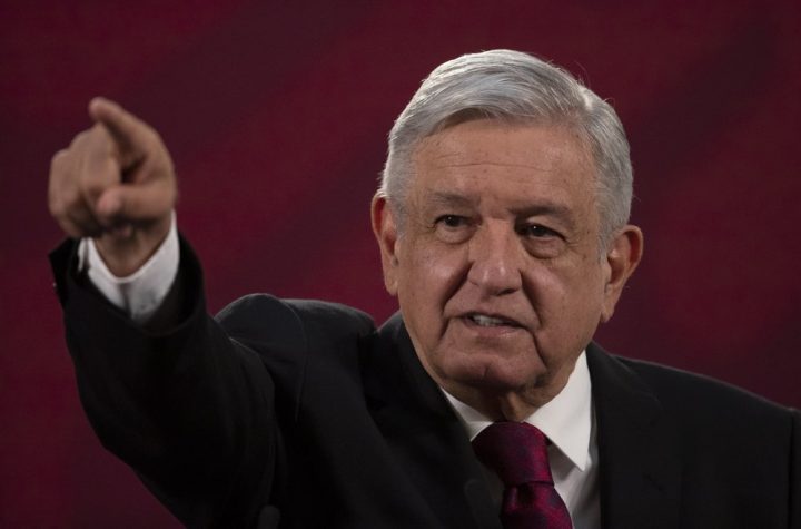 Mexico's President Andres Manuel Lopez Obrador gives his daily, morning news conference at the presidential palace, Palacio Nacional, in Mexico City, Monday, July 13, 2020. 