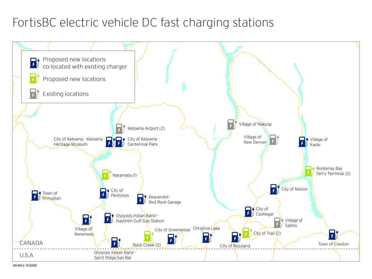 Current and proposed FortisBC electrical vehicle charging stations in the southern interior.