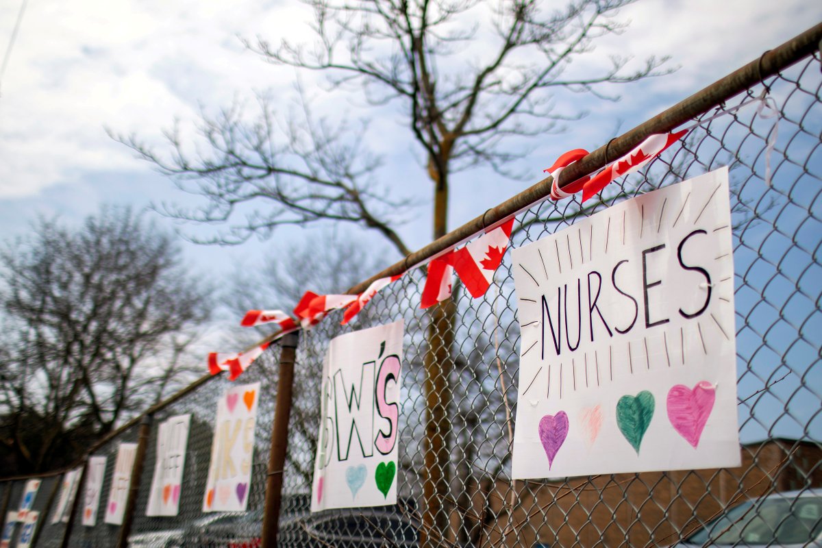 FILE PHOTO: Signs of support for workers at Eatonville Care Centre, a long term care home, after several residents died of the coronavirus disease (COVID-19) in Toronto, Ontario, Canada April 23, 2020.