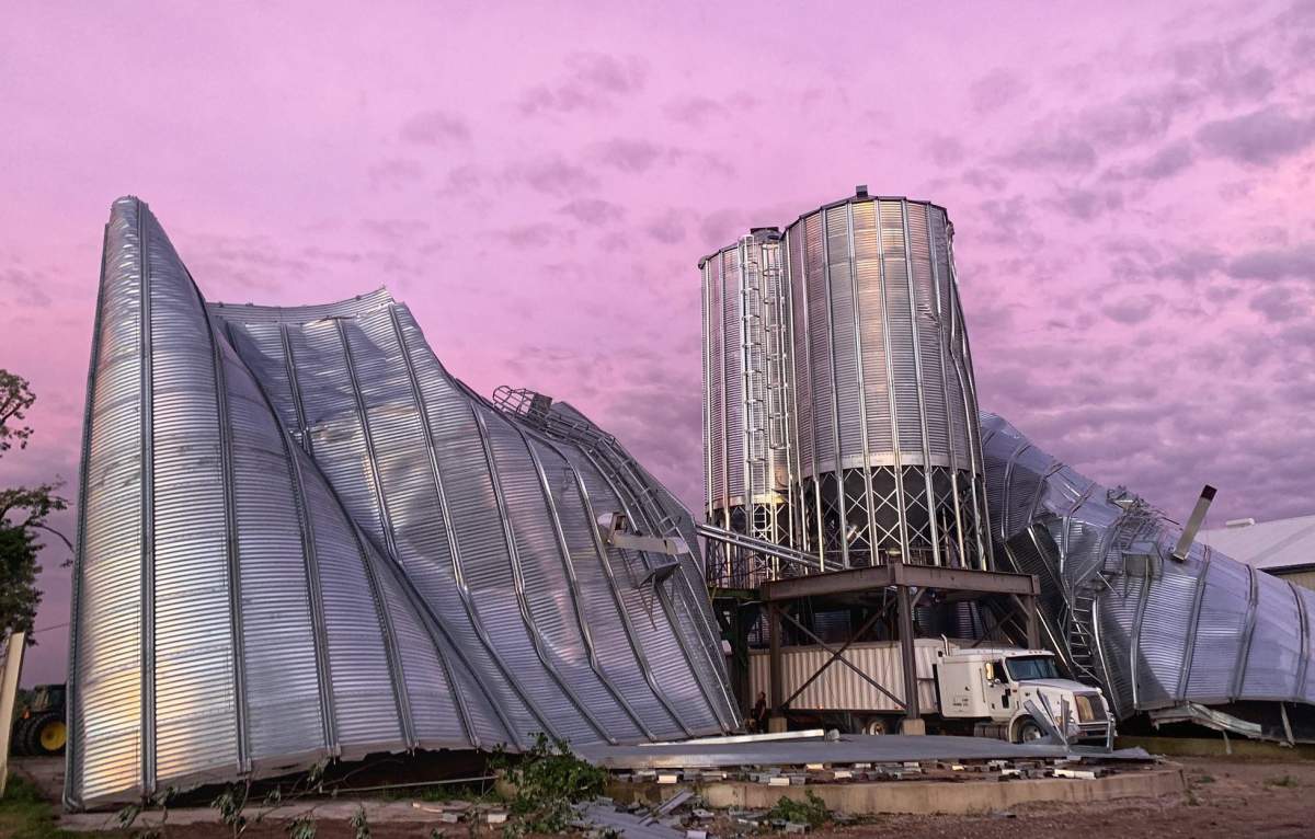 Severe damage to an agricultural property south of Exeter, Ont., July 19, 2020.