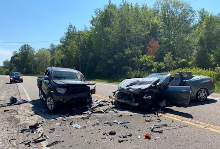 At about 2:30 p.m. Saturday, officers were called to a head-on collision involving an eastbound Toyota pickup truck and a westbound Mercedes convertible.