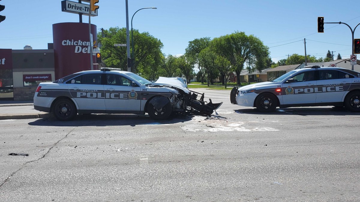 A Winnipeg police cruiser was involved in a crash at the corner of McPhillips Street and Inkster Boulevard around 10 a.m. Tuesday.
