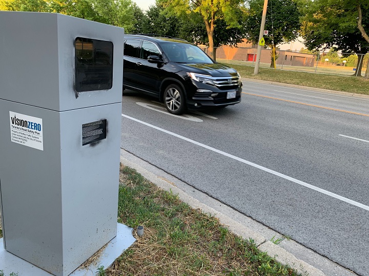 An automated speed enforcement camera on Renforth Drive between Tabard Gate and Lafferty Street in Etobicoke.