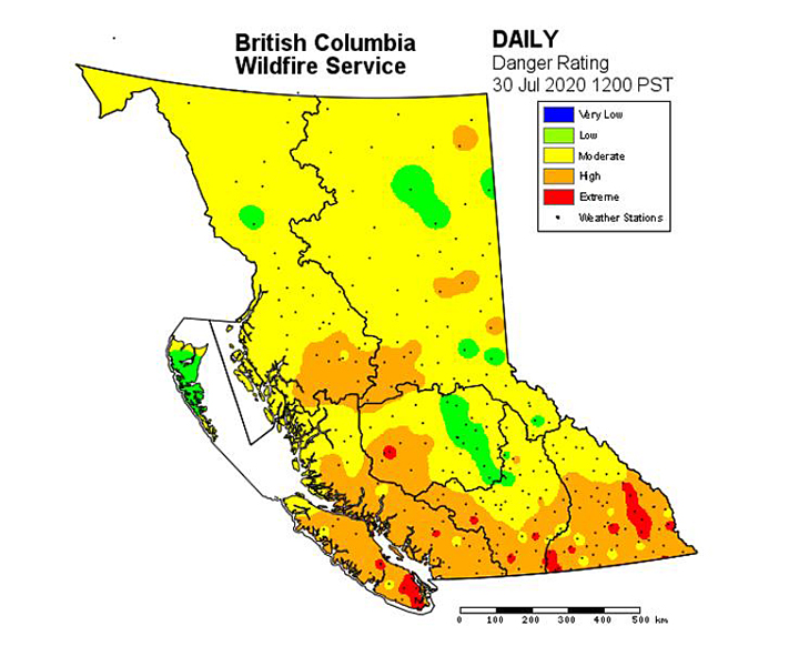 Provincial fire danger ratings from July 30, 2020.