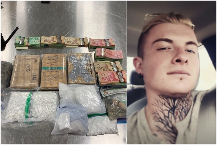 Items seized during the search of a residence in the 200 block of 13 Avenue Southeast on Tuesday, July 14, 2020, (left) and a photo of Dakota Rickie Foster, 26, (right). 