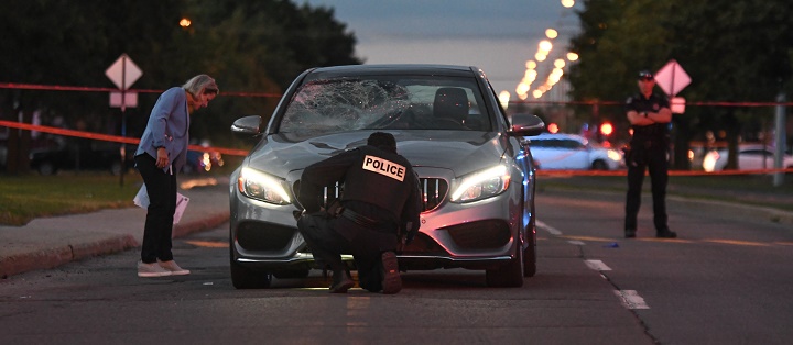 Police in Longueuil are investigating after a cyclist was struck by a car Thursday evening. July 23, 2020.
