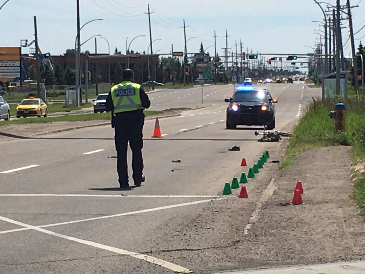 Traffic was diverted at 50 Street and 82 Avenue on Saturday, July 11, 2020, after a collision between a vehicle and cyclist. 