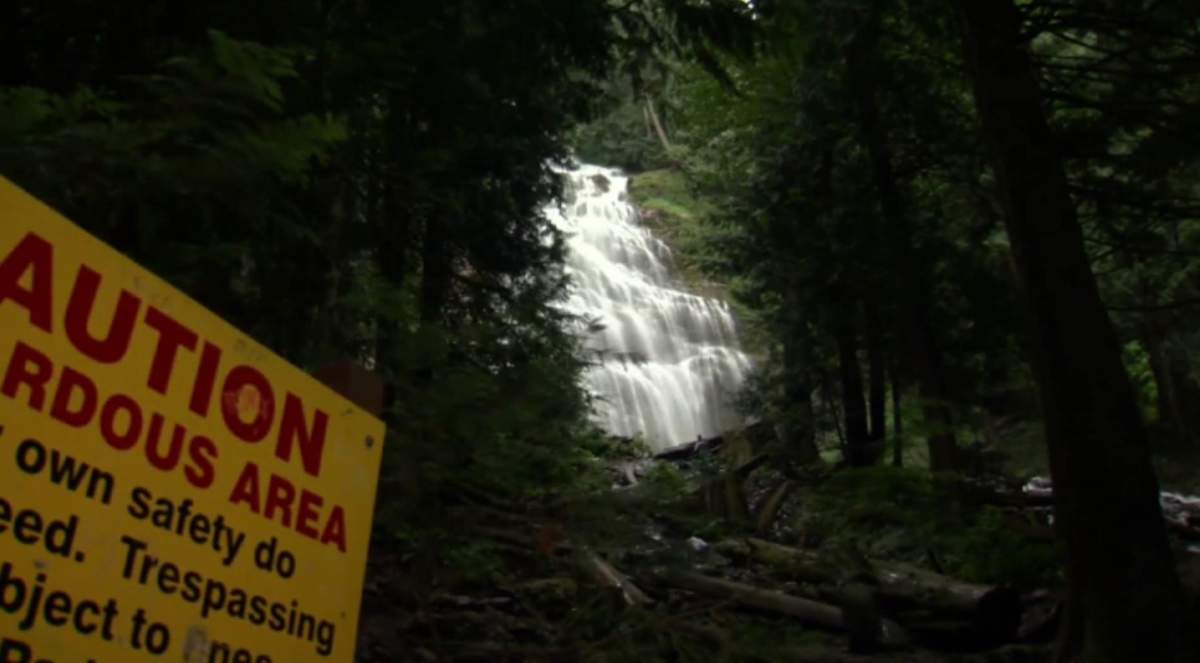 A child survived a terrifying fall at Bridal Veils Provincial Park near Chilliwack on Saturday.