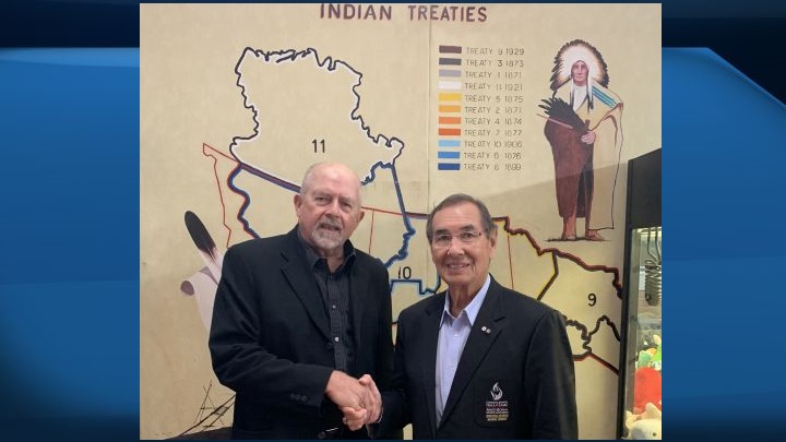 A photo of Paul Bunner and Wilton Littlechild at a recent meeting in Maskwacis, Alta.