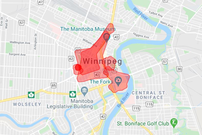 Outages in downtown Manitoba as of 7:15 a.m. Friday.