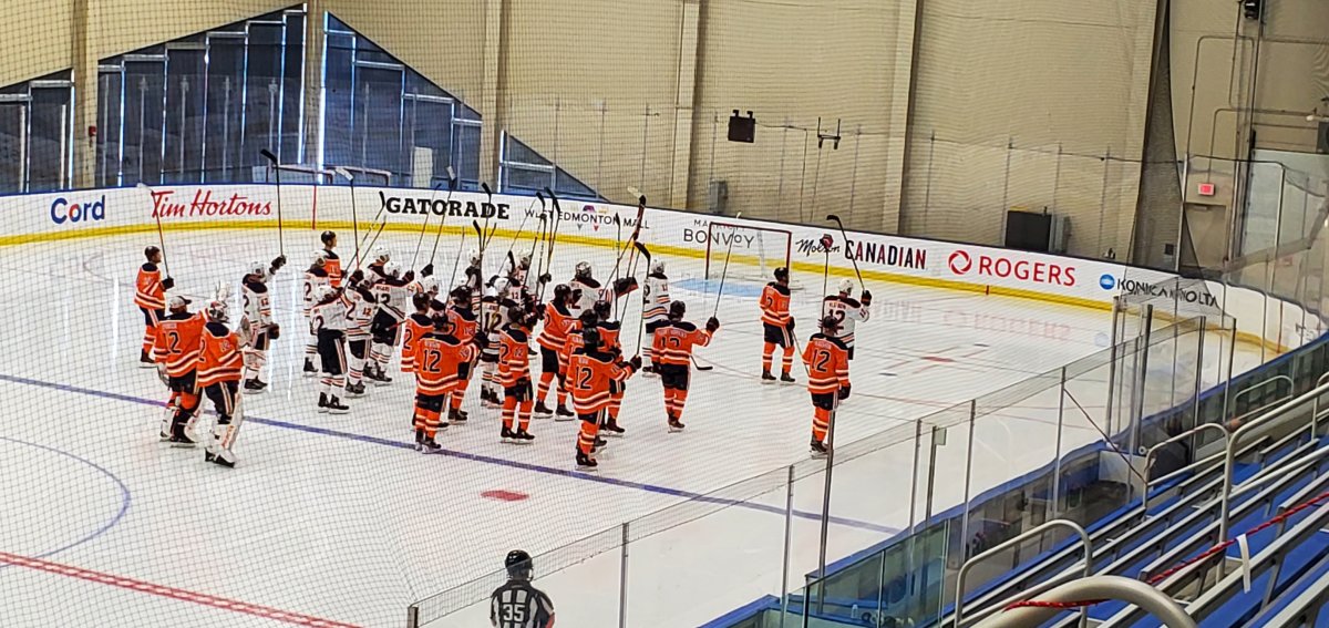The Edmonton Oilers salute Emily Cave prior to the Colby Cave Memorial Fund Scrimmage on July 25, 2020. 