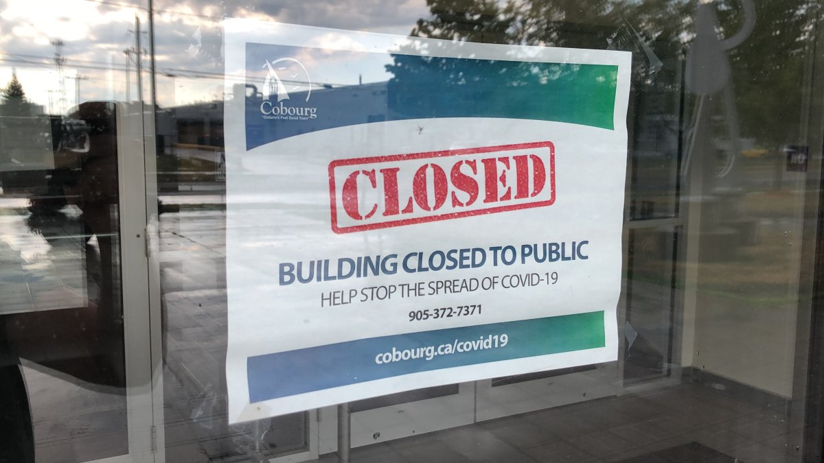 Signage posted at the entrance of the Cobourg Community Centre on July 31, 2020.