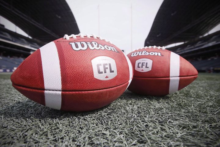 Footballs from the Canadian Football League are photographed at the Winnipeg Blue Bombers stadium in Winnipeg, Thursday, May 24, 2018. 