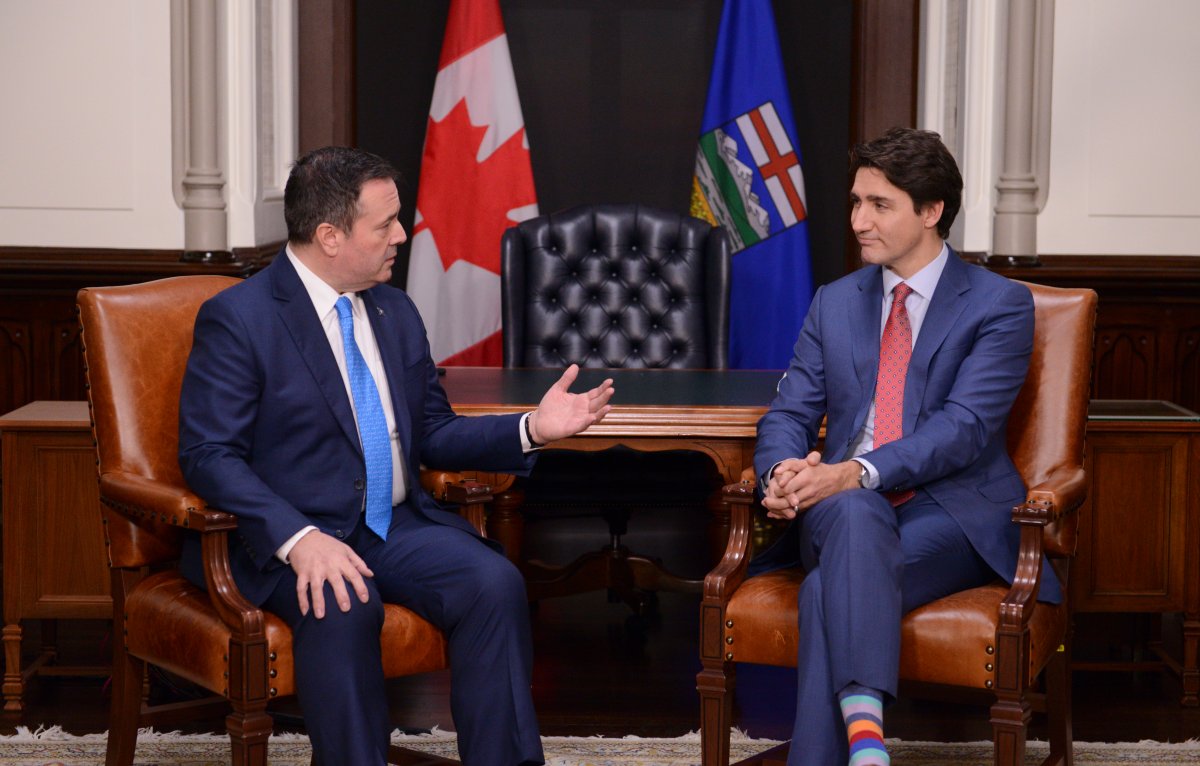 Prime Minister Justin Trudeau meets with Alberta Premier Jason Kenney on Parliament Hill in Ottawa on Tuesday, Dec. 10, 2019. 