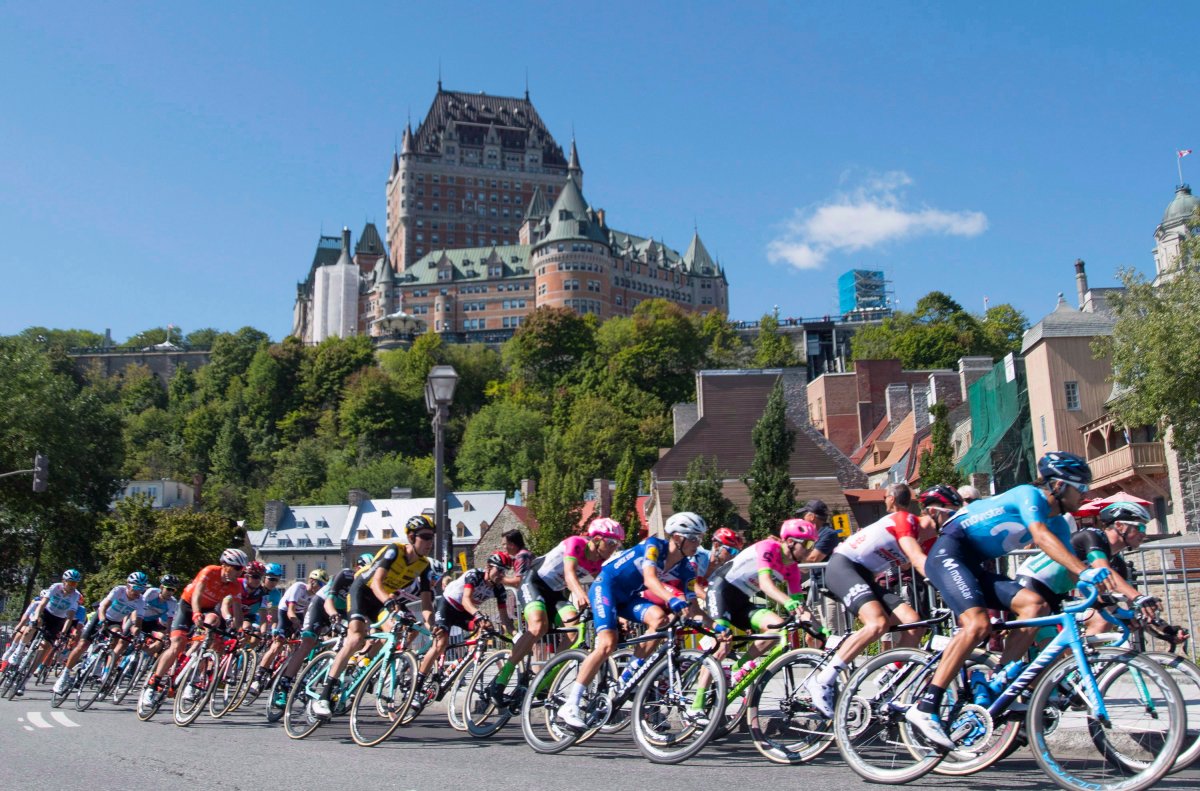 The pack of cyclists makes its way through the streets during the Grand Prix cycliste de Quebec, Friday, September 7, 2018 in Quebec City. 