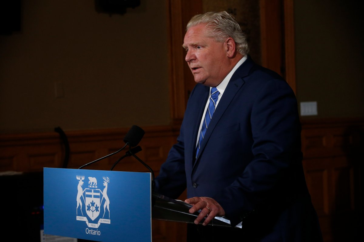 Ontario Premier Doug Ford addresses the province's daily COVID-19 briefing at Queen's Park in Toronto on Thursday, June 18, 2020.
