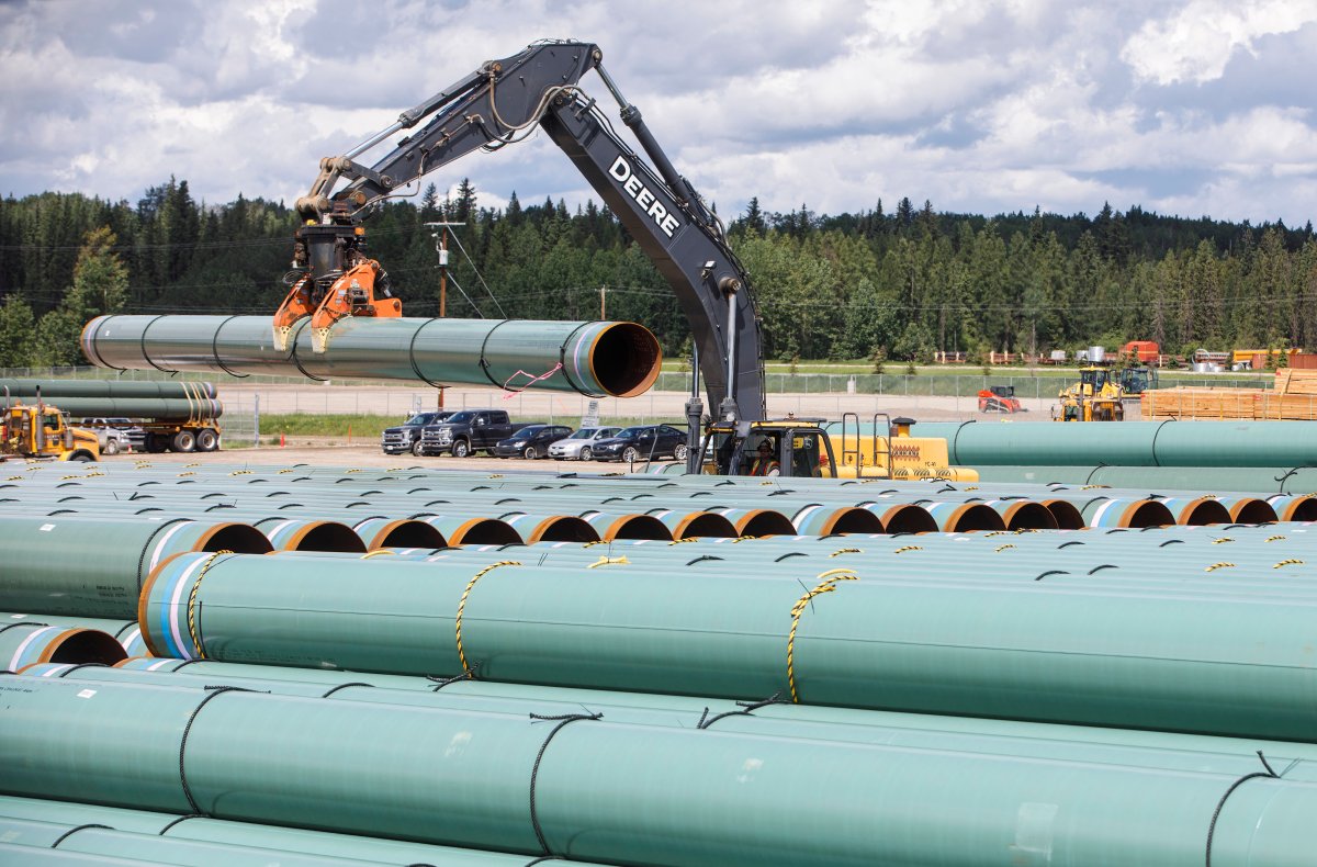 Pipe for the Trans Mountain pipeline is unloaded in Edson, Alta. on Tuesday June 18, 2019. The Supreme Court of Canada will not hear a new appeal from British Columbia First Nations over the Trans Mountain pipeline expansion.