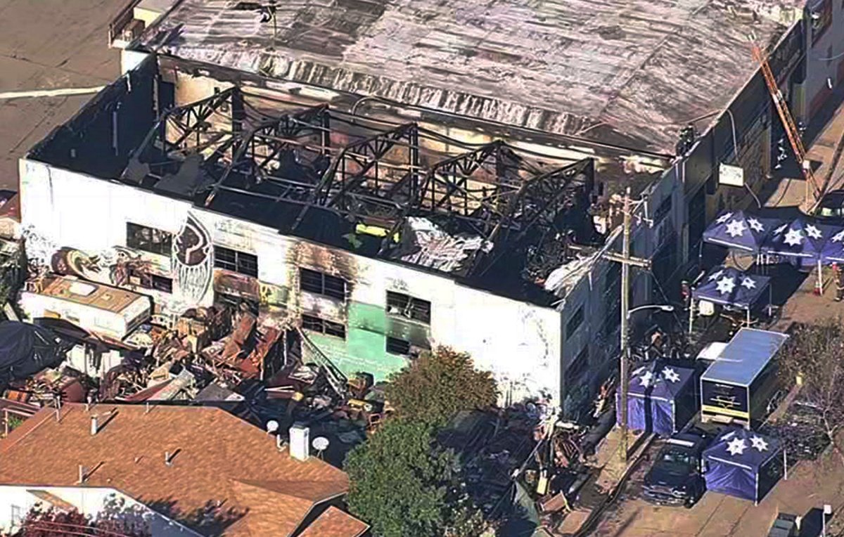 FILE - This Dec. 3, 2016, file image taken from video provided by KGO-TV shows the Ghost Ship Warehouse after a fire swept through the building in Oakland, Calif.