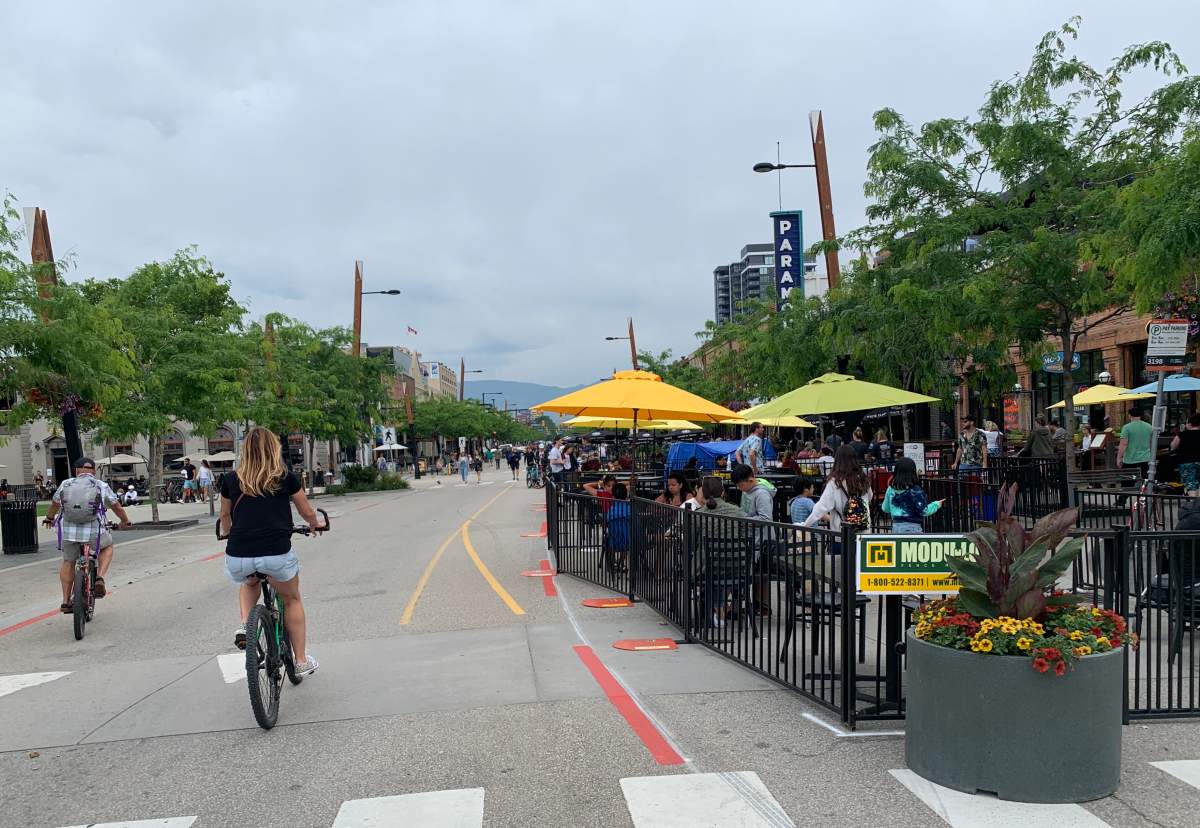 Downtown Kelowna looked busy Friday afternoon, resembling a typical summer day as locals and tourists give businesses a much-needed boost. 