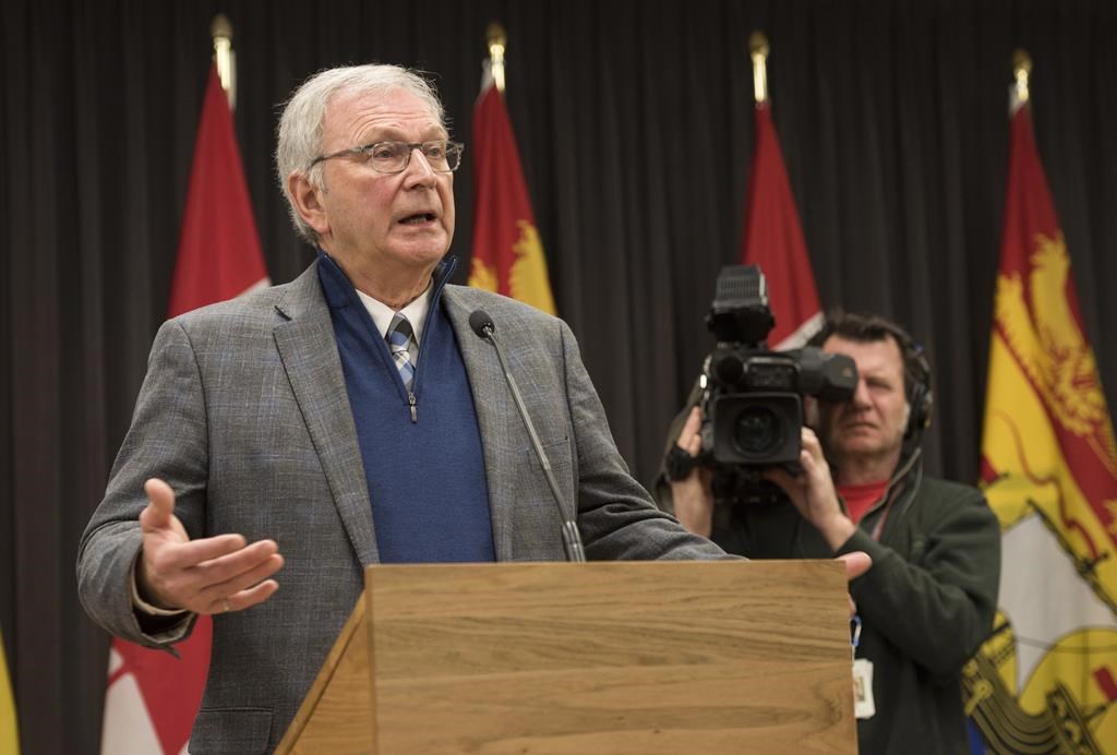 New Brunswick Premier Blaine Higgs speaks with the media in Fredericton, N.B., on Feb. 17, 2020.