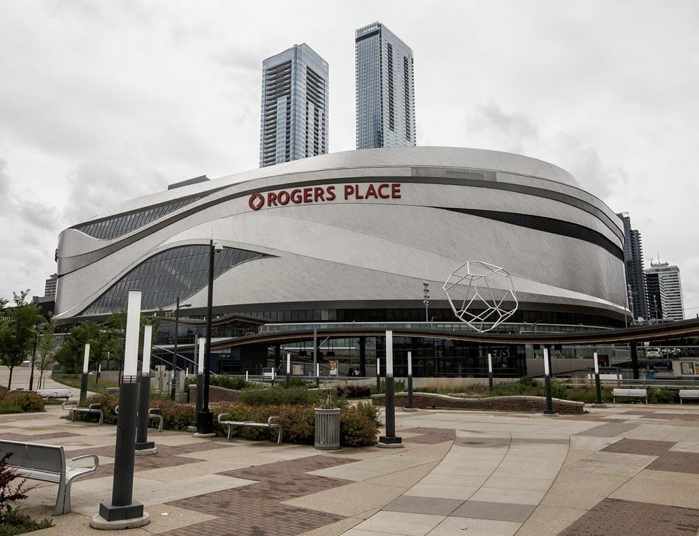 Home of the NHL's Edmonton Oilers Rogers Place arena is shown in Edmonton, Alta., on Thursday July 2, 2020. It's move-in day for NHL players in Toronto and Edmonton. Twenty-four teams are scheduled to enter bubbles in the two Canadian cities today in advance of the league's restart. THE CANADIAN PRESS/Jason Franson.