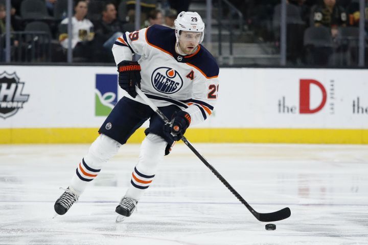 In this Feb. 26, 2020, file photo, Edmonton Oilers centre Leon Draisaitl (29) plays against the Vegas Golden Knights in an NHL hockey game in Las Vegas.