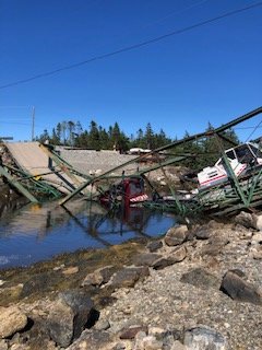 The collapsed Tittle Bridge near Canso, N.S., on July 7, 2020.