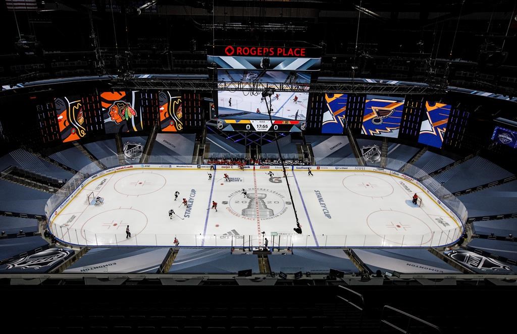 The St. Louis Blues take on the Chicago Blackhawks during second-period NHL exhibition game action in Edmonton on Wednesday, July 29, 2020. THE CANADIAN PRESS/Jason Franson