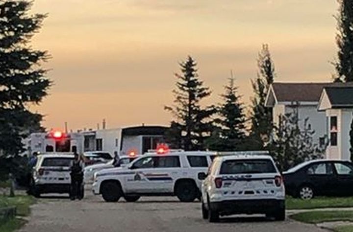 Police vehicles are seen in a Sherwood Park neighbourhood on Tuesday.