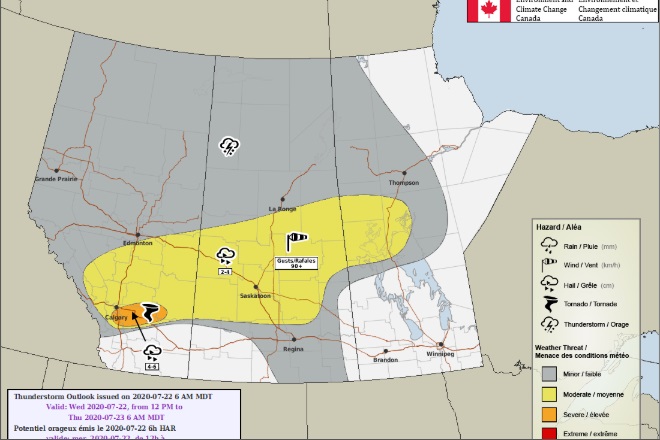 Environment Canada issued a severe thunderstorm watch for parts of Alberta Wednesday, July 22.