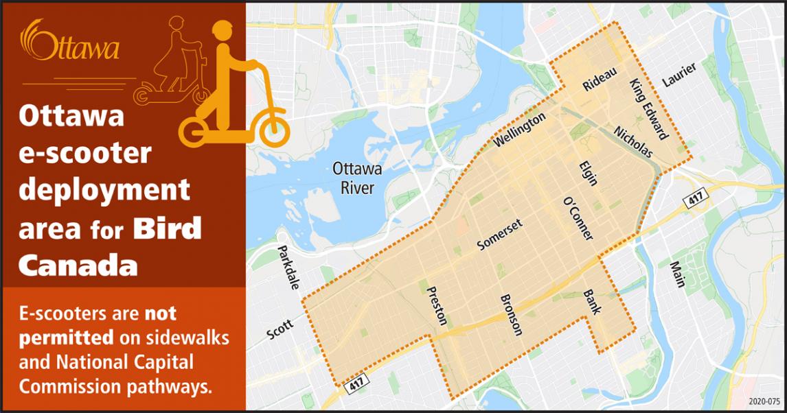 A map of Bird Canada’s e-scooter deployment area in Ottawa.