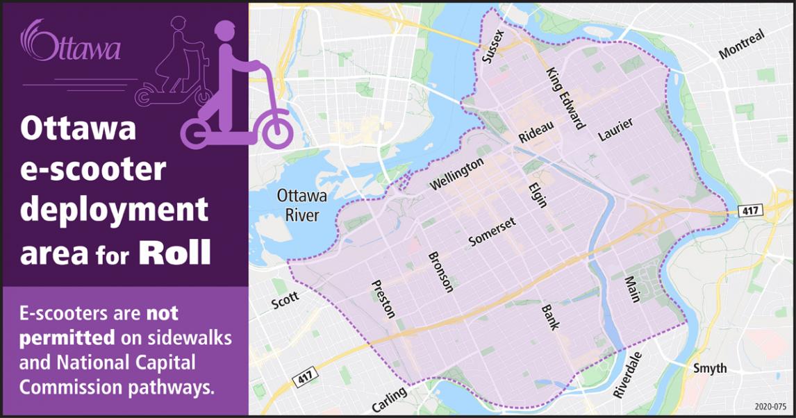 A map of Roll’s e-scooter deployment area in Ottawa.