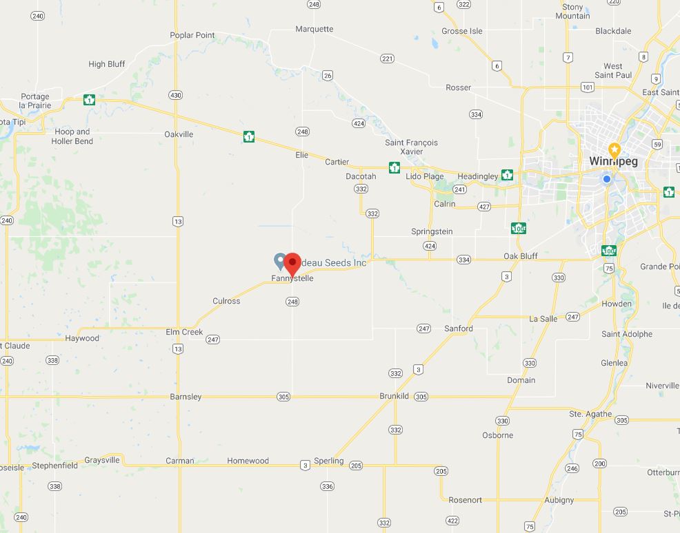Fannstelle is roughly 60 km southwest of Winnipeg.