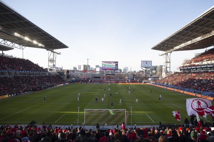 Toronto FC goalkeeper Quentin Westberg (16) takes a goal kick during his team's home opener against New York City FC during MLS action in Toronto on Saturday March 7, 2020. The FIFA representative leading the review of candidate cities for the 2026 World Cup says Edmonton, Montreal and Toronto are the only sites under consideration in Canada. 