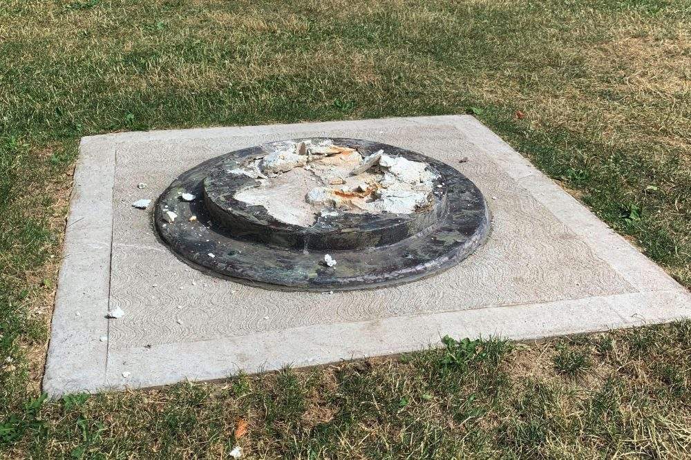 This photo provided by WROC-TV shows the remnants of a Frederick Douglass statue ripped from its base at a park in Rochester, N.Y., Sunday, July 5, 2020.