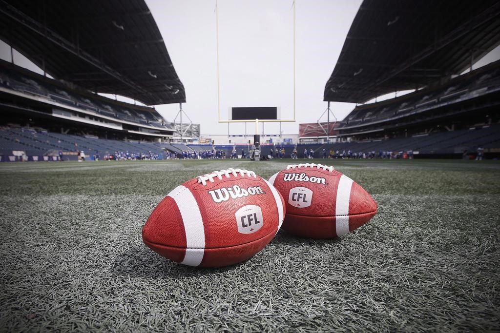 New CFL balls are photographed at the Winnipeg Blue Bombers stadium in Winnipeg Thursday, May 24, 2018.