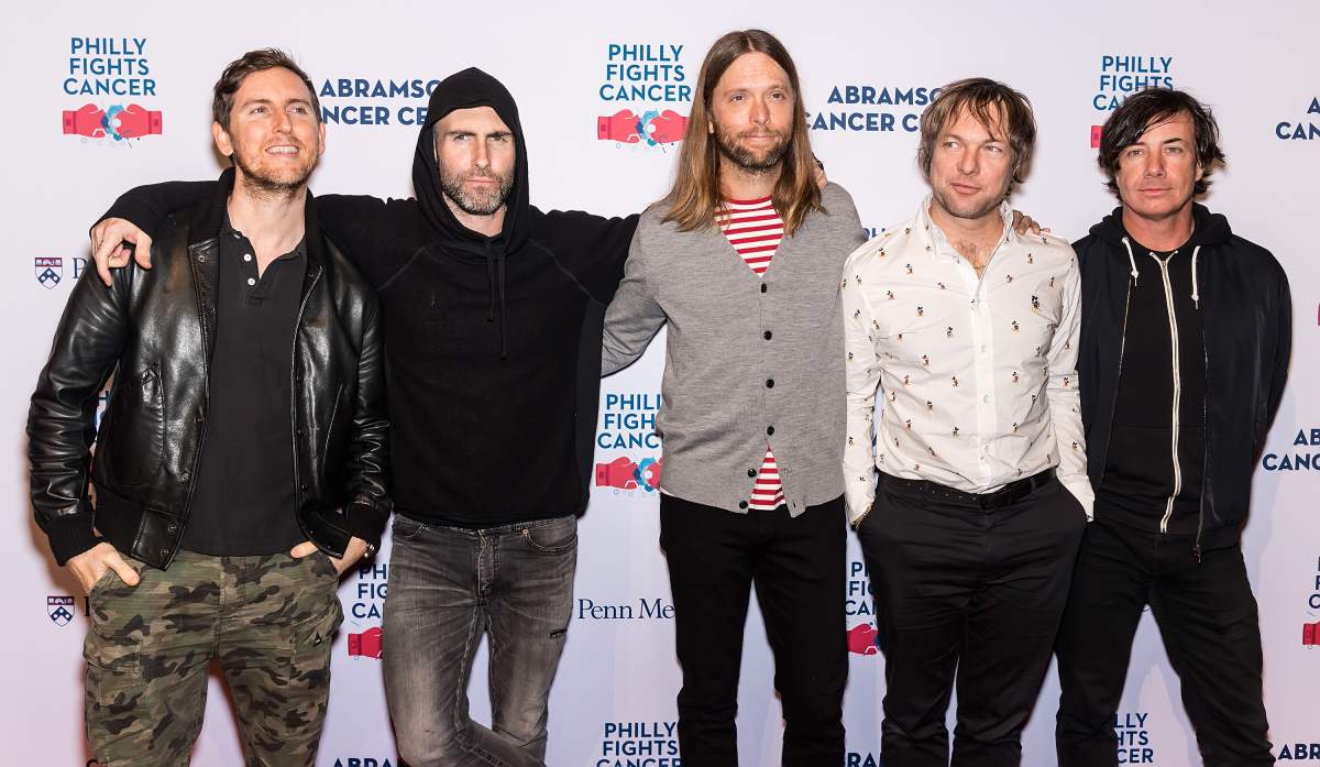 (L-R): Musicians Jesse Carmichael, Adam Levine, James Valentine, Mickey Madden and Matt Flynn of Maroon 5 attend the Philly Fights Cancer: Round 4 at The Philadelphia Navy Yard on Nov. 10, 2018 in Philadelphia, Pa. (Photo by Gilbert Carrasquillo/Getty Images)