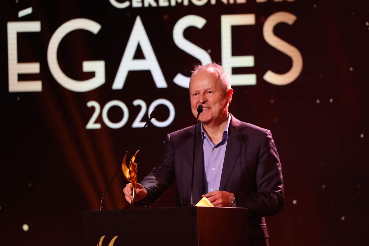 CEO of the French video game company Ubisoft, Yves Guillemot, speaks after receiving the 2019 Academy Honory award during the first Pegases award ceremony on March 9, 2020 at the Theatre de la Madeleine in Paris.  