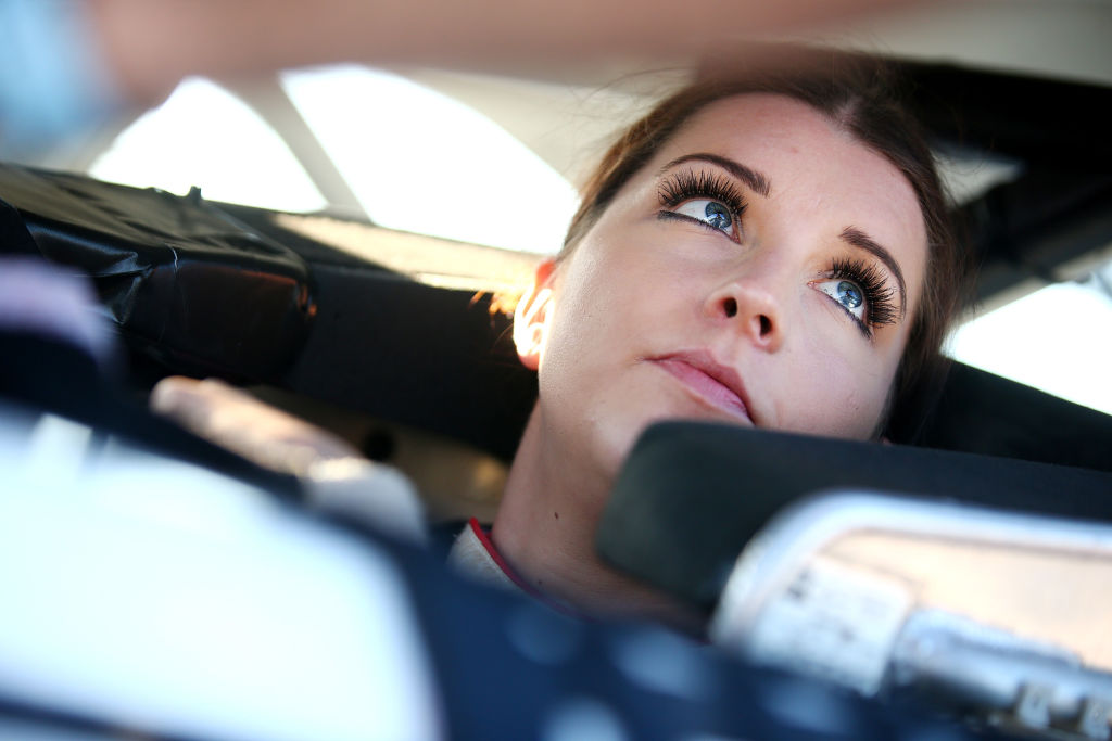 NEW SMYRNA BEACH, FL - FEBRUARY 19:  Amber Balcaen, driver of the #39 Shead Racing/Glen McLeod & So, looks on during qualifying for the NASCAR K&N Pro Series East Jet Tools 150 at New Smyrna Speedway on February 19, 2017 in New Smyrna Beach, Florida.  (Photo by Sarah Crabill/Getty Images).