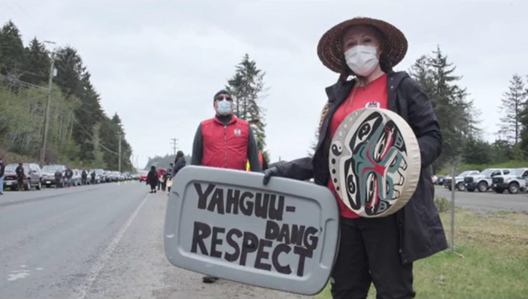 Members of the Haida Nation protest against visitors to the archipelago during COVID-19.  
