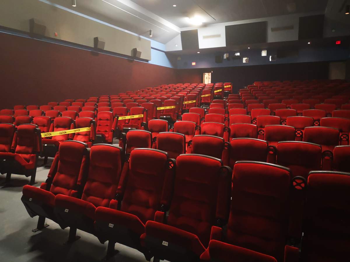 Every other row at the Ciné Starz theatre in the St. Laurent Shopping Centre is taped off in anticipation of audiences returning under Stage 3 of Ontario's reopening from the novel coronavirus pandemic.