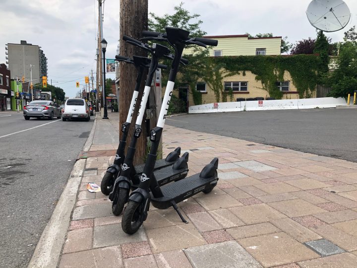 A set of e-scooters ready for rental in Ottawa. Bird Canada will join Lime and Neuron as providers in the city in 2021.