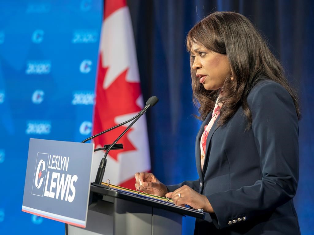 Conservative Party of Canada leadership candidate Leslyn Lewis makes her opening statement at the start of the French Leadership Debate in Toronto on June 17, 2020.